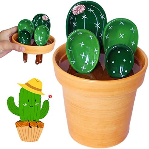 Cactus Measuring Spoons Set in Pot, Cute Ceramic Measuring Cups by BLUESTEER