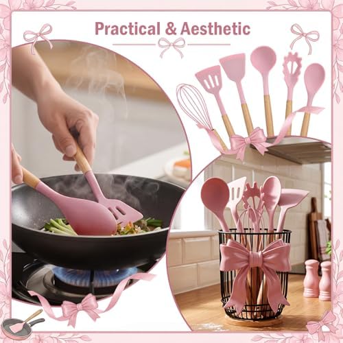 7 Pcs Pink Bow Kitchen Decor, Silicone Cooking Utensils Set - Image 5
