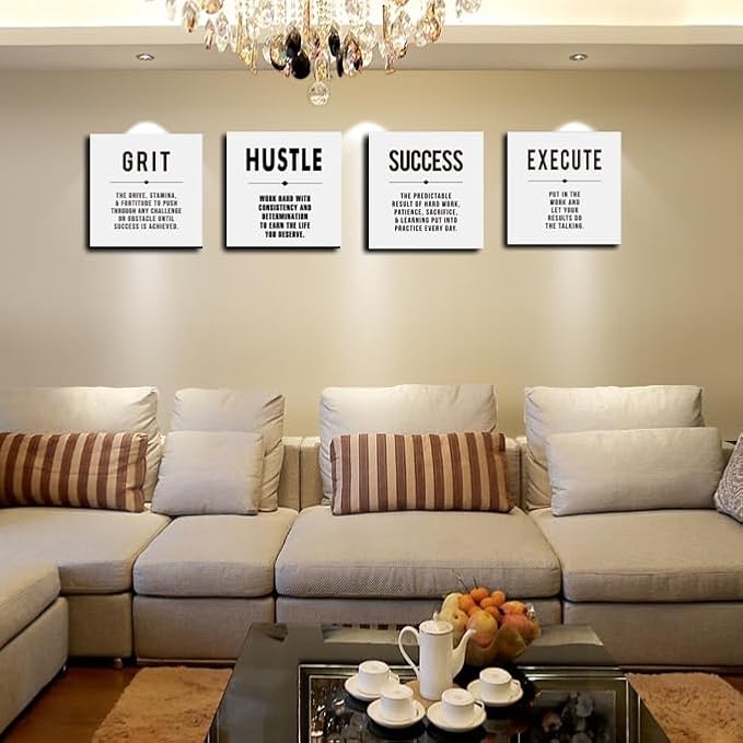 Motivational Grit Success Execute Hustle White Quotes Canvas Wall Art -Inspirational Wall Art Poster Canvas Artwork Picture Print Framed for Home Bedroom-16 x16in x4pcs