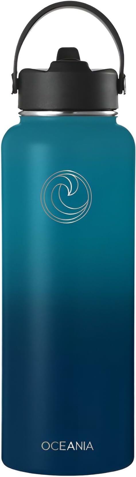 Oceania Flask 40oz Stainless Steel Sports Water Bottle | Leakproof, Hydro BPA-Free, Insulated with 3 Modern Lids, 3 Straws & 2 Straw Cleaning Brushes | Simple Camping & Hiking Bottle