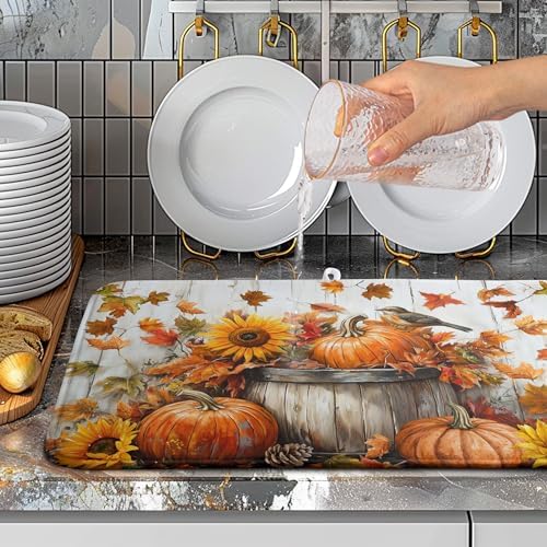 Fall Dish Drying Mat for Kitchen Counter Pumpkin Sunflower Maple Leaf Birds - Image 5