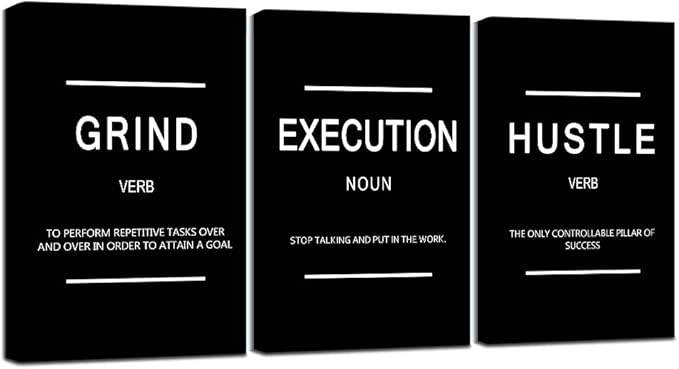 Framed Canvas Wall Art Success Quote, Office Wall Art, Black Large Poster, Positive Motivational Set of 3 Prints, Execute Failure Definition, Inspirational Print (B-3pcs,12x16inchx3pcs)