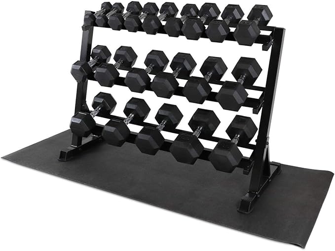 WF Athletic Supply Rubber Coated Hex Dumbbell Set, Multiple Choices Available - Dumbbells with Rack Stand and Mat, or Dumbbells Only (200/550/1200/2100/3000 LB)