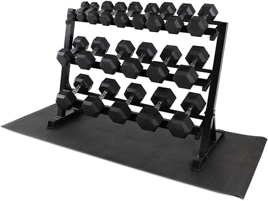 WF Athletic Supply Rubber Coated Hex Dumbbell Set, Multiple Choices Available - Dumbbells with Rack Stand and Mat, or Dumbbells Only (200/550/1200/2100/3000 LB)