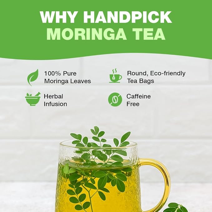 HANDPICK, Organic Moringa Tea Bags (100 Count), Pure Moringa Leaves | Authentic Indian Origin | Caffeine Free, Non GMO | Earthy, Light & Refreshing | Round Eco-conscious Teabags