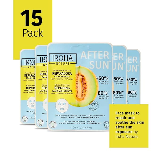 IROHA NATURE AFTERSUN Face Mask – Soothing & Hydrating Care After Sun Exposure | 15 Pack | With Melon, Chamomile & Aloe Vera