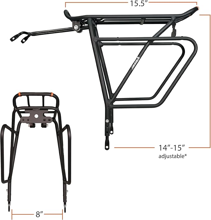 Ibera Bike Rack - Bicycle Touring Carrier Plus+ for Disc Brake/Non-Disc Brake Mount, Fat Tire Bikes, Frame-Mounted for Heavier Top & Side Loads, Height Adjustable for 26"-29" Frames