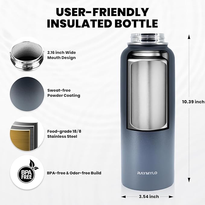 Insulated Water Bottle 40 oz, Triple Wall Vacuum Stainless Steel (Cold for 48 Hrs), Leak Proof & Non-BPA, Modern Water Flask Jug with Paracord Handle & Straw Spout Lids, Dark Grey