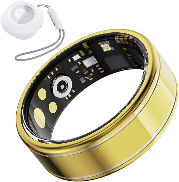 Smart Ring Health Tracker, Fitness Tracker Ring for Women Men, Monitoring of Pedometer, SpO2, Sleep Quality, Heart Rate, No Subscription Fee, Sport Rings for iOS & Android (Gold 12)
