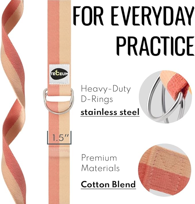 TECEUM Yoga Strap & Mat Strap – 2 IN 1 – Cotton – 6 ft 8 ft 10 ft (30+ colors) – Adjustable Non-Slip Belt for Yoga, Pilates, Stretching, Physical Therapy, Fitness & Home Workout – For Carrying Mats