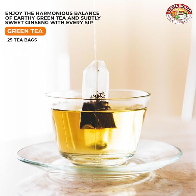Angel Brand Green Tea with Ginseng Tea Bags 25 – Energizing & Rich Herbal Blend Created From Camellia Sinensis Plant Leaves & Ginseng Root - Enjoy Balanced Flavor & Rich Nutrients With Health Benefits