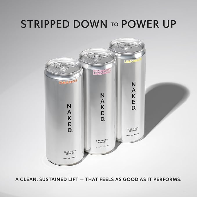 Naked Sparkling Energy Drink - Lemonade, Organic Caffeine, Organic Lemon Juice, Zero Sugar, No Sucralose, Naturally Sweetened, Natural Energy Drinks, Vegan, Gluten-Free, Non-GMO - 12oz Cans (Pack of 12)