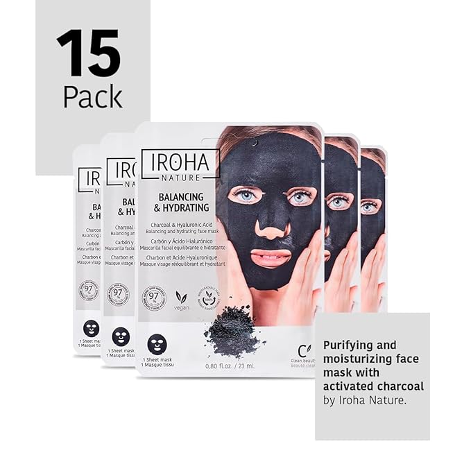IROHA NATURE Rebalancing & Hydrating Tissue Face Mask | 15 Pieces | With Charcoal & Hyaluronic Acid | Deep Purifying for Clean, Clear Skin | Results in 15 Minutes | 100% Vegan