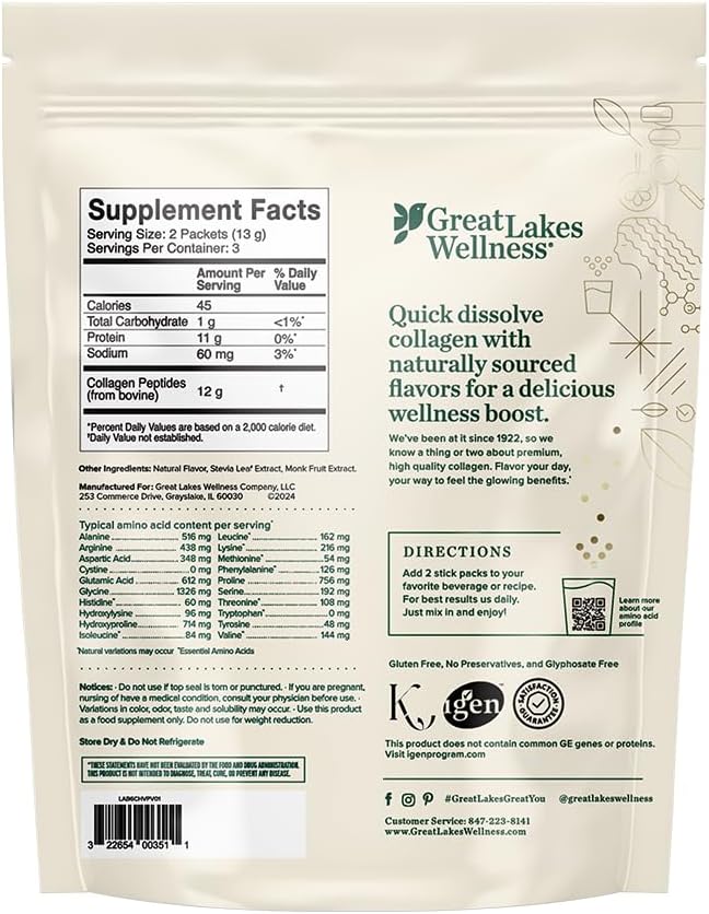 Great Lakes Wellness Collagen Peptides Powder for Skin, Hair, Nails, Joints & Digestion - Variety Flavors - Quick Dissolve Hydrolyzed, Non-GMO, Kosher - 6 Sticks - Packaging May Vary