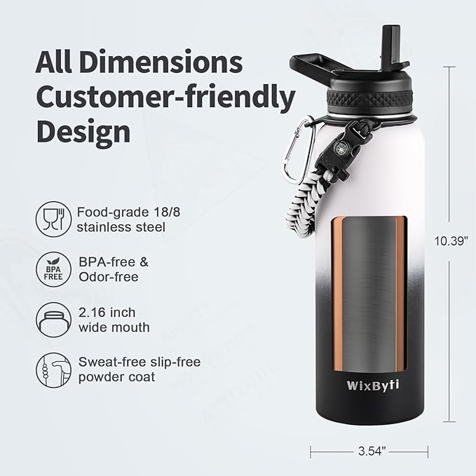 40 oz Insulated Water Bottle with Straw (Cold for 48 Hrs), Stainless Steel Triple Wall Vacuum Sports Water Jug, Leakproof Hydro Cup Flask with Paracord Handle & Straw Spout Lids & DIY Stickers