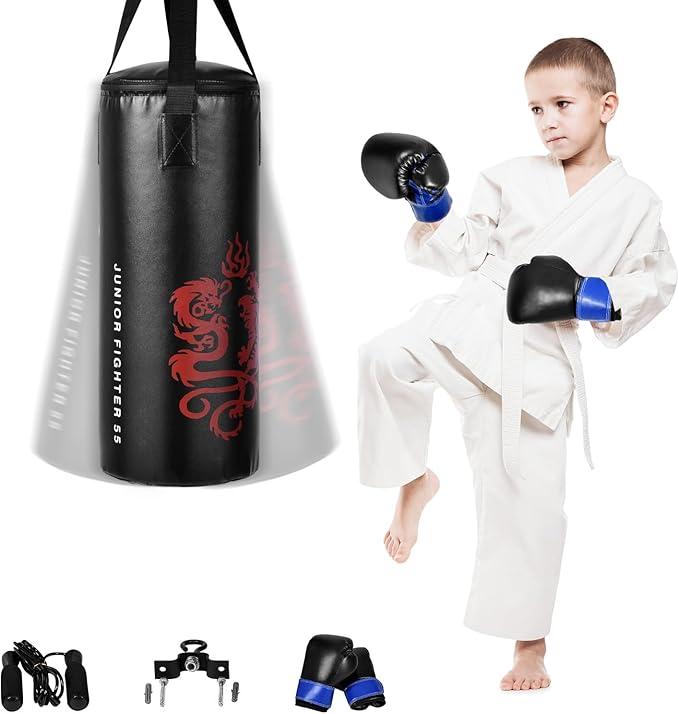 GYMAX Kids Punching Bag Set, Prefilled Junior Kick Boxing Bag Kit with Gloves & Jumping Rope, Heavy Duty Wall Mounted Punching Bag for Youth MMA, Martial Kungfu Thai Training