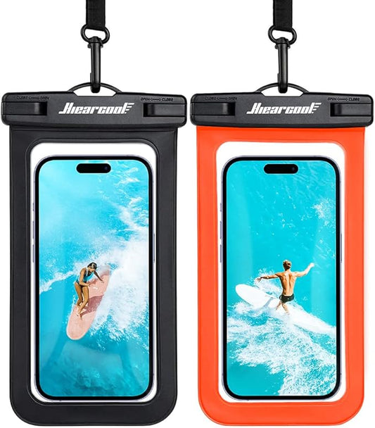 Hiearcool Waterproof Phone Pouch, Waterproof Phone Case, Waterproof Cellphone Pouch Under Water Beach Accessories for iPhone -Black&Orange -2Pack