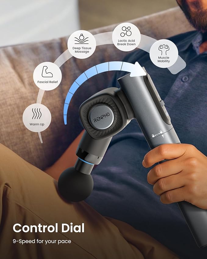 RENPHO Massage Gun with Adjustable Angles and Extension Handle, Handheld Percussion Muscle Massager Deep Tissue with Portable Carry Case for Men Women, Extend 2
