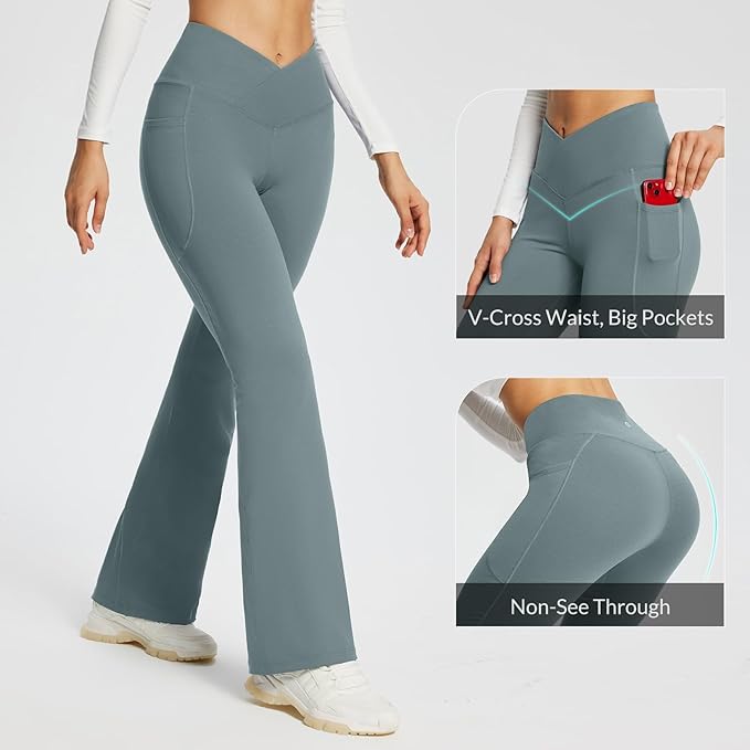 baleaf Women's V Crossover Flare Leggings with Pockets Yoga Pants High Waist Casual Workout Gym Bell Bottom Leggings