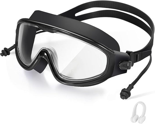 Adult Swimming Goggles,Leak-Proof,Anti-Fog Pool Glasses,Wide View Swim Goggles with Ear Plugs and Nose Clip