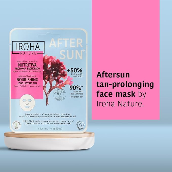 IROHA NATURE AFTERSUN Facial Mask that Nourishes & Prolongs Tan | 15 Pack | With Algae, Probiotics & Hyaluronic Acid | More Hydrated, Strengthened & Glowing Skin | Anti-Aging