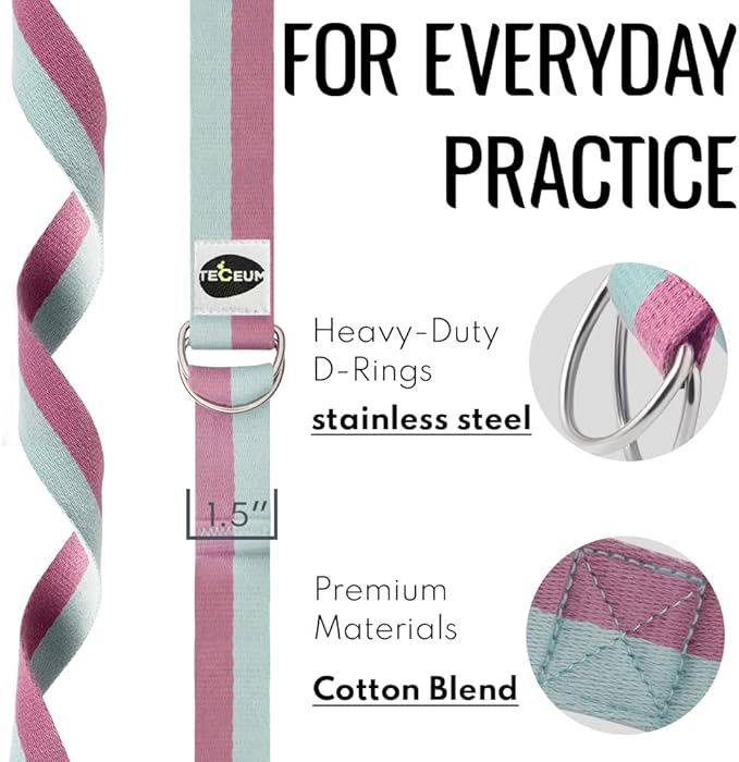 TECEUM Yoga Strap & Mat Strap – 2 IN 1 – Cotton – 6 ft 8 ft 10 ft (30+ colors) – Adjustable Non-Slip Belt for Yoga, Pilates, Stretching, Physical Therapy, Fitness & Home Workout – For Carrying Mats