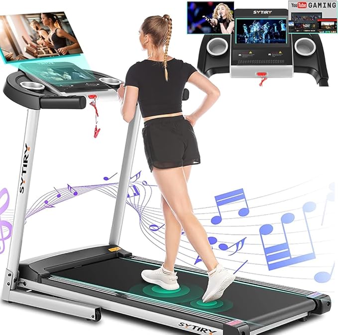 SYTIRY Treadmills for Home with TV Screen and WiFi,Smart Foldable Treadmill Machine,3D Virtual Sports Scene,HiFi Speakers,Popular APP for Social Networking,Video,and Search,Walking Treadmill