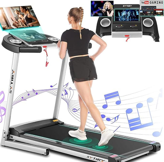 SYTIRY Treadmills for Home with TV Screen and WiFi,Smart Foldable Treadmill Machine,3D Virtual Sports Scene,HiFi Speakers,Popular APP for Social Networking,Video,and Search,Walking Treadmill