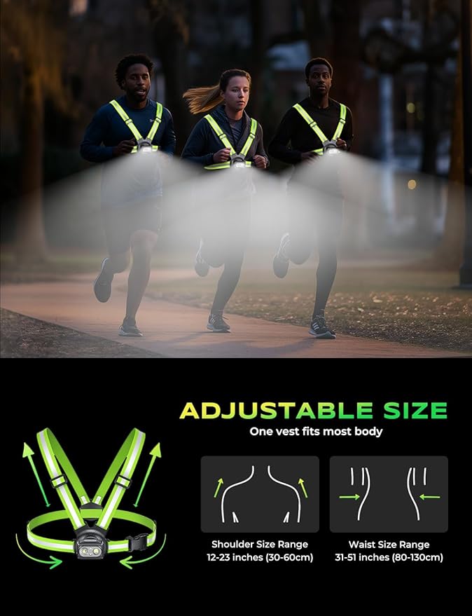 500LM High-Visibility Running Lights for Runners with 7 Modes, Adjustable 45° Beam, 360° Reflective Vest & IPX4 Waterproof Running Vest for Night Walking/Cycling/Jogging, 3.5-20Hrs Runtime