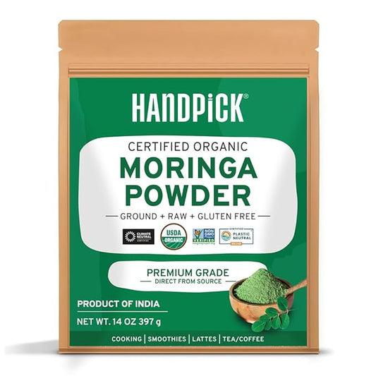 HANDPICK USDA Organic Moringa Powder (397g/14oz) Pure Moringa Oleifera Leaf Powder | Authentic Indian Origin | Gluten Free, Non-GMO | Perfect for Smoothies, Drinks, Tea & Recipes