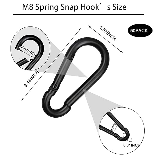 50 PCS 3'' Spring Snap Hook Carabiner, M8 5/16 Inch Galvanized Black Steel Carabiner Clip, 500LBS Holding Capacity Quick Link Clip Keychain for Hammock Dog Leash & Camping Gym