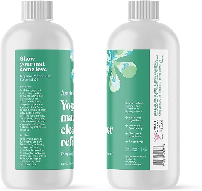 ASUTRA Yoga Mat Cleaner Spray Refill (Energizing Peppermint), 16 fl oz - No Slippery Residue, Organic Essential Oils, Deep-Cleansing for Fitness Gear & Gym Equipment