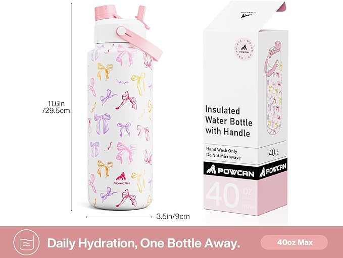 40 oz Insulated Water Bottle with 2-in-1 Straw and Spout Lid, Keep Cold 24H, Leak-Proof, BPA-Free, Double Wall Stainless Steel Water Bottle for Sports, Gym, Travel, and School (Ribbon Whimsy)