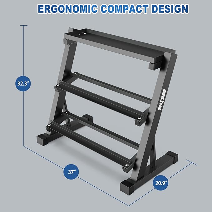 BEKING Dumbbell Rack, 3 Tier Weight Storage Rack for Dumbbells, Kettlebells, Multilevel Free Weight Organizer Stand for Home Gym Fitness, 1000-Pound Capacity