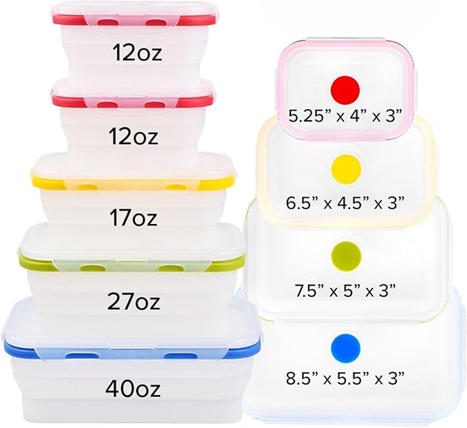 Collapsible Silicone Food Storage Containers, BPA Free, Microwave, Freezer and Dishwasher Safe, Lunch, Meal Prep, Travel, Space-Saving, Set of 5