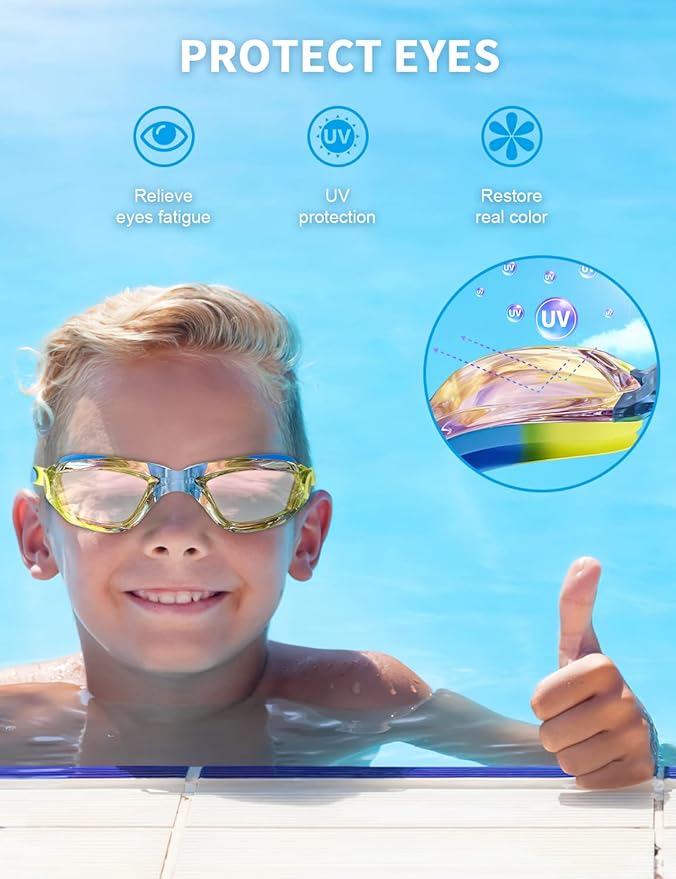 Kids Swim Goggles, Swimming Goggles for Kids with Nose Clip, Earplugs, Nose Bridge for Age 3-15