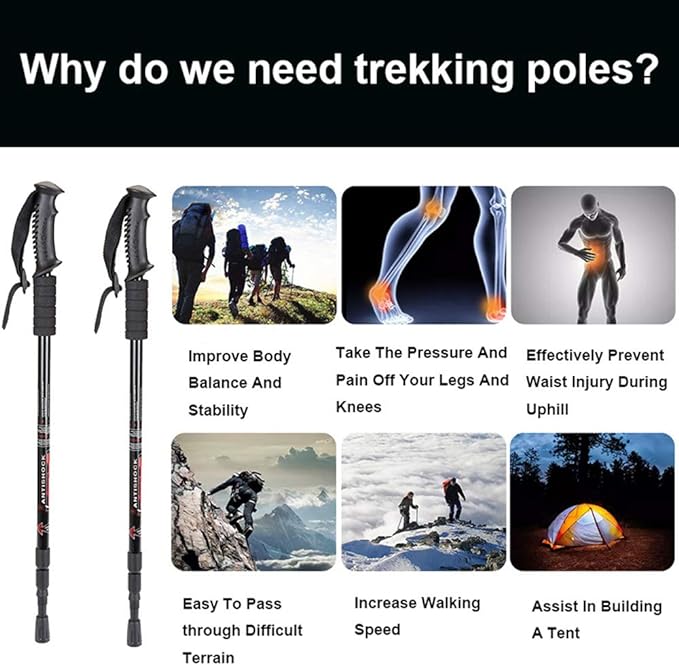 Aihoye Hiking Trekking Poles, 2 Pack Collapsible, Lightweight, Anti Shock, Walking Sticks, Adjustable Hiking Pole for Men and Women