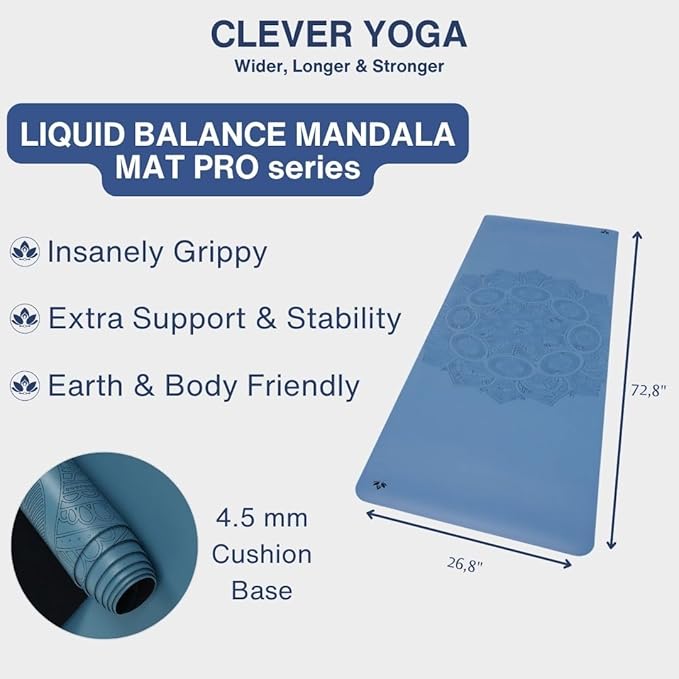 Clever Yoga Liquid Balance Thick Yoga Mat - Pro Exercise Yoga Mat with Non-Slip Surface for Home Gym, Earth-Friendly & Recyclable Pilates and Workout Pad Women & Men, 4.5 mm