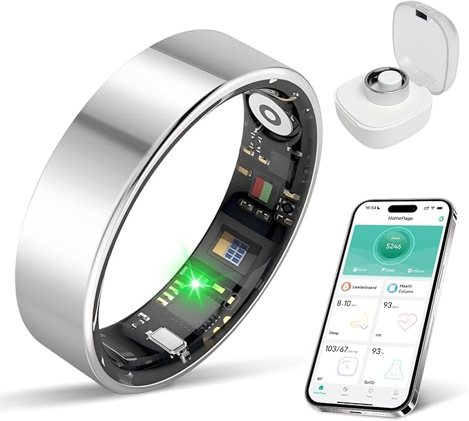 Smart Ring with Sleep Apnea Monitoring, No APP Subscription, 10-Day Battery Life, Stress/Heart Rate/Women's Health Tracker, Android & iOS Compatible (Silver, 7)