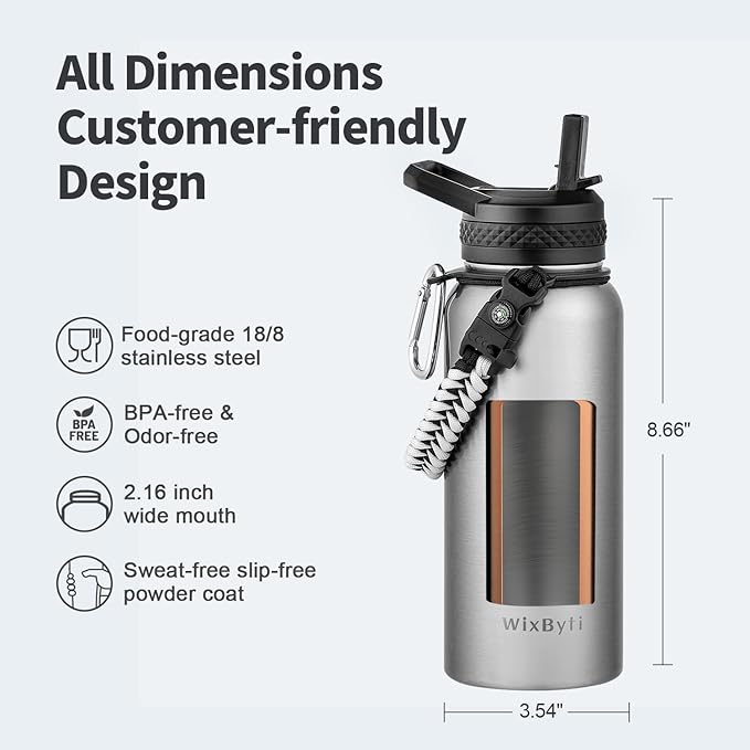 32 oz Insulated Water Bottle with Straw (Cold for 48 Hrs), Stainless Steel Triple Wall Vacuum Sports Water Jug, Leakproof Hydro Cup Flask with Paracord Handle & Straw Spout Lids & DIY Stickers