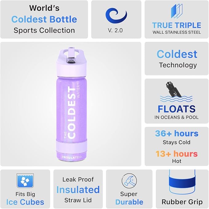 Coldest Insulated Water Bottle with Straw Lid - Stainless Steel Metal Insulated Bottle for Men & Women (Saturn's Moon Purple Glitter, 18 oz)