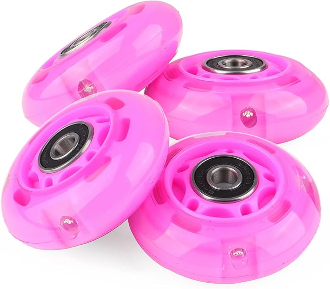 8pcs Inline Skate Wheels Led Light-Up Wheels 64/70/72/76/80mm w/Bushings 85-88A for Kids and Youth Beginners Children's Inline Skates Indoor/Outdoor Use (Pink, 64mm)