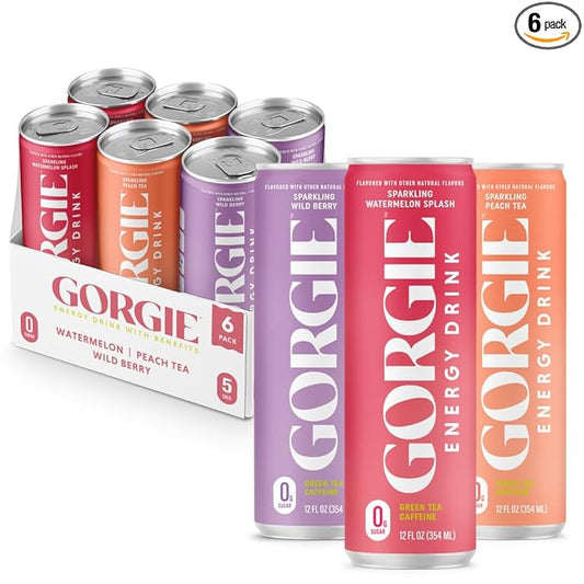 GORGIE Sugar Free Natural Energy Drinks, Sparkling Original Variety Pack (6 Cans) Healthy Energy Drink, Natural Coffee Replacement with Green Tea Caffeine and Biotin 150mg Caffeine, Vegan, Low Calorie