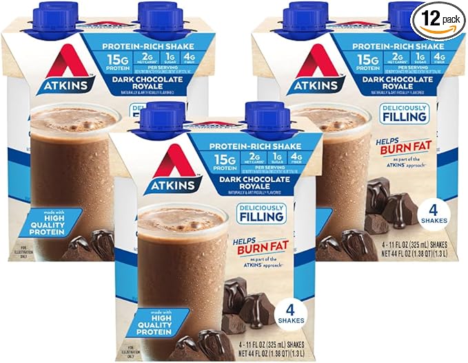 Atkins Dark Chocolate Royale Protein Shake, High Protein Shakes, Low Glycemic, Low Carb and Low Sugar Chocolate Flavored Protein Shakes, Keto Friendly, 12 Count