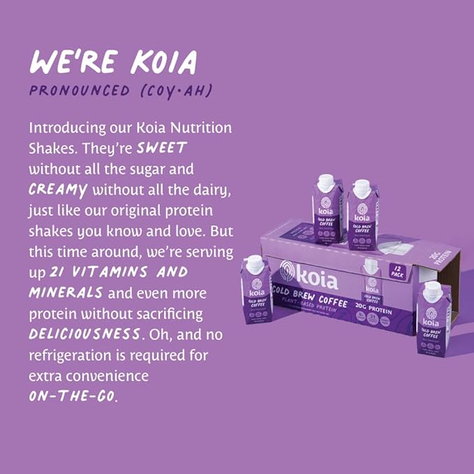 Koia Plant Based Protein Shake, Cold Brew Coffee, 20g Protein, 3g Sugar, 6g Prebiotic Fiber, 21 Vitamins & Minerals, Meal Replacement Drinks, Dairy-Free, Gluten-Free, Non-GMO, 11 Fl Oz (Pack of 12)