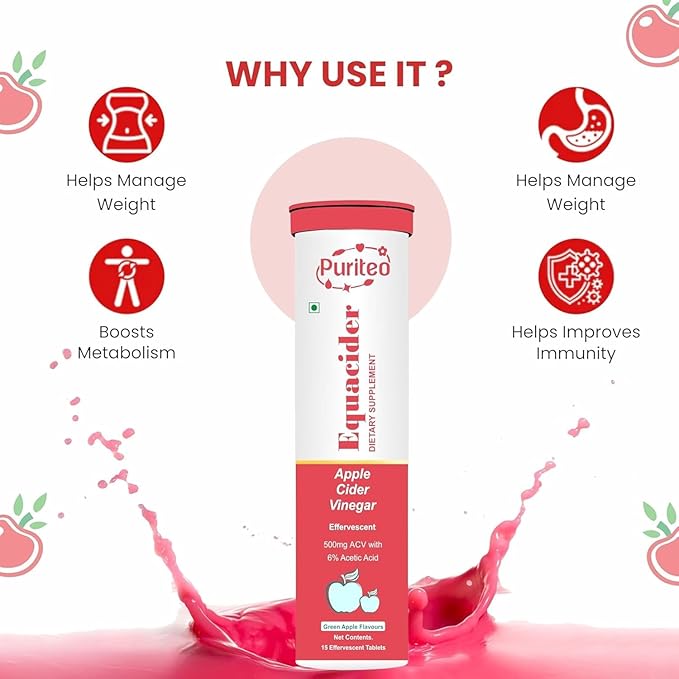 PURITEO-EQUACIDER Apple Cider Vinegar Effervescent with The Mother, Vegan, No Added Sugar, Non-GMO & Gluten-Free Tablets - (15 Tablets, Pack of 1)