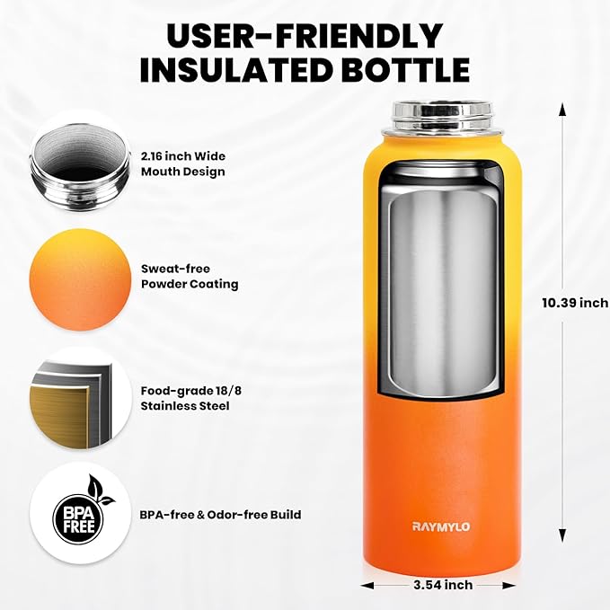 Insulated Water Bottle 40 oz, Triple Wall Vacuum Stainless Steel (Cold for 48 Hrs), Leak Proof & Non-BPA, Modern Water Flask Jug with Paracord Handle & Straw Spout Lids, Ombre Orange