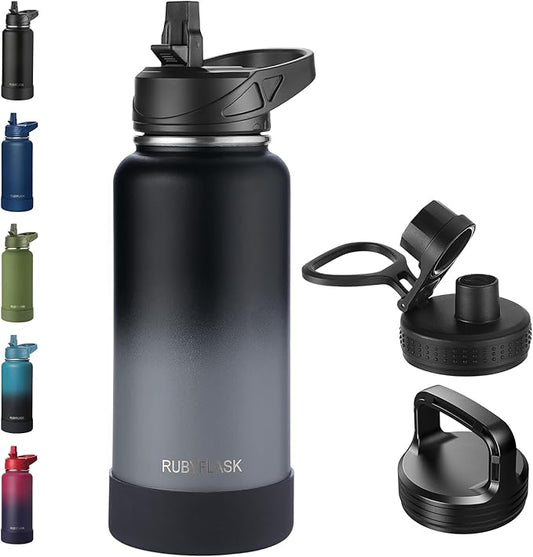 32oz Insulated Water Bottle with Straw, Stainless Steel Metal Vacuum Water Flask, Large Thermal Water bottle with Leakproof 3 Lids for Travel, Camping, Gym Sports Black Gray