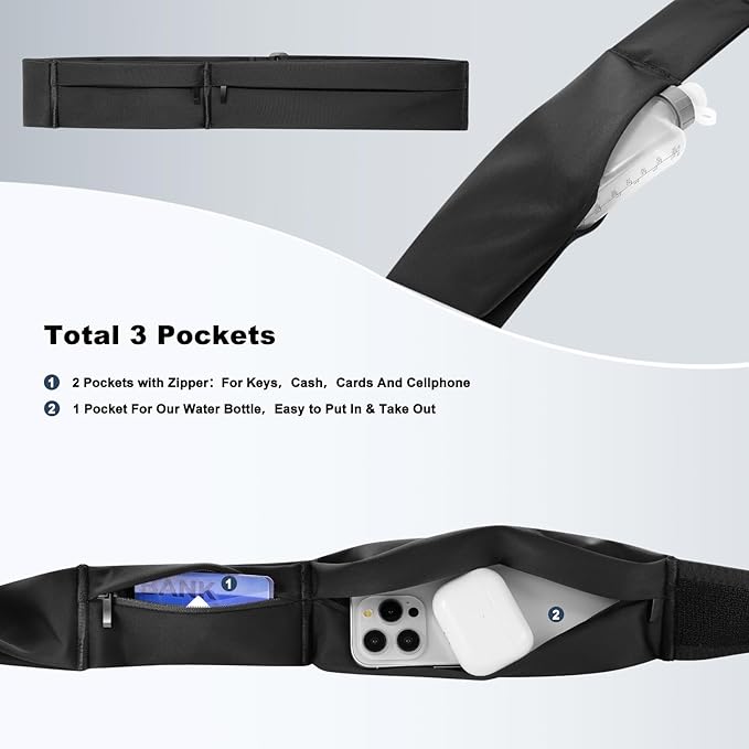 Running Belt for Women and Men, Water Proof Running Belts Fanny Pack with Water Bottle,Slim Hydration Running Bag Belts with Phone Bottle Holder Adjustable Fit for Runner (Black, Large)