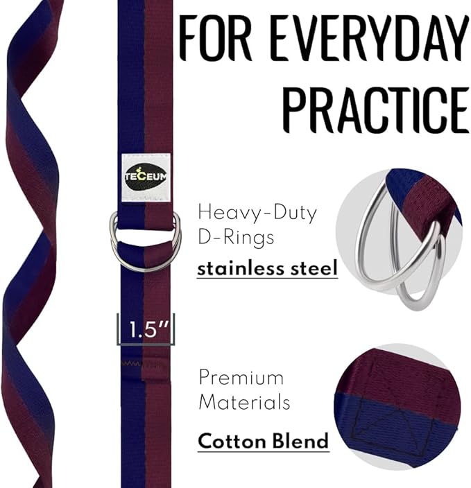 TECEUM Yoga Strap & Mat Strap – 2 IN 1 – Cotton – 6 ft 8 ft 10 ft (30+ colors) – Adjustable Non-Slip Belt for Yoga, Pilates, Stretching, Physical Therapy, Fitness & Home Workout – For Carrying Mats
